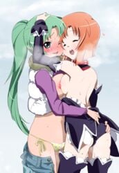 07th_expansion 2girls angel_mort_uniform areolae banana_to_milk breasts closed_eyes cowboy_shot green_hair heavy_breathing higurashi_no_naku_koro_ni long_hair looking_at_viewer mion_sonozaki multiple_girls nipples one_eye_closed open_mouth panties pussy_juice ryuuguu_rena saliva_trail short_hair side-tie_panties standing sweat tongue tongue_out underwear yuri