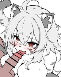 an_chobi94 anthro anthro_only blush breasts censor_bar censored cleavage fox_ears furry grey_fur grey_hair imminent_oral large_breasts looking_at_viewer looking_up_at_viewer oral oral_sex orange_eyes pov tail tongue tongue_out white_fur