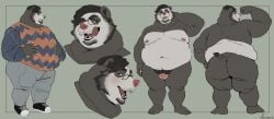 anthro bear black_hair blush clothing eyewear facial_hair genitals giant_panda glasses hair hi_res humanoid_genitalia humanoid_penis lewalrus licking licking_lips male mammal model_sheet nipples overweight overweight_male penis simple_background solo sweater tail tongue tongue_out topwear