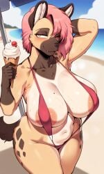 1girls ai_generated anthro areola_slip areolae armpit armpit_crease armpit_fetish armpits beach bedroom_eyes big_breasts bikini cute_fang female female_only food furry hannah_the_yeen_(jhowhey) huge_breasts hyena ice_cream jhowhey's_stash mask_(marking) navel ocean original_character parasol pink_hair sand self_upload sling_bikini slingshot_swimsuit solo solo_female spots spotted_body spotted_fur spotted_hyena sweat sweating sweaty sweaty_body sweaty_breasts sweaty_thighs tagme tail thick_thighs tummy wink winking_at_viewer