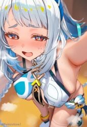 1girls ai_generated armpits bare_shoulders blush breasts dark-skinned_male dark_skin female genshin_impact looking_at_viewer mualani_(genshin_impact) open_mouth red_eyes selfie sideboob solo white_hair