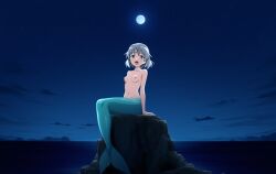 1girls ai_generated cloud full_body full_moon medium_breasts merfolk mermaid mermaid_tail monster_girl monsterification night night_sky nipples novelai nude ocean open_mouth outdoors rock sanya_v._litvyak short_hair sitting solo stars strike_witches white_hair world_witches_series