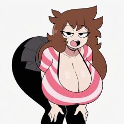 ai_generated ass_up bending_forward bra_strap breasts breasts_bigger_than_head brown_hair choker female hands_on_knees long_hair massive_ass massive_breasts sassy shgurr striped_clothing talking_to_viewer tomboy youtube youtuber