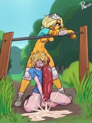 1boy 1futa adventure_time animal_genitalia animal_penis blonde_hair breasts cartoon_network charlie_(adventure_time) clothed clothing cum cum_on_hand dog_penis finn_the_human futa_on_male futanari grabbing grabbing_penis hair_over_one_eye huge_cock large_penis lewdphess looking_at_viewer medium_breasts nipples one_eye_covered open_mouth partially_clothed penis_grab short_hair vein veiny veiny_penis