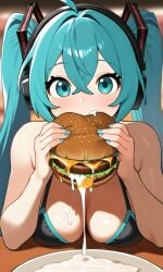 5_fingers ai_generated bikini blurry_background blush breasts_on_table burger clothed cum cum_drip cum_in_mouth cum_on_breasts cum_on_food cum_on_plate cyan_eyes cyan_hair cyan_nails eating eating_food female hamburger hatsune_miku headphones indoors looking_at_viewer pixai plate solo table twintails vocaloid