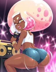 afro ai_generated ass ass_shake boombox bracelet bracelets clothed clothing concert dark-skinned_female dark_skin holding_microphone hoop_earrings jean_shorts microphone pearl_(splatoon) race_swap shorts splatoon splatoon_3 twerking yellow_eyes