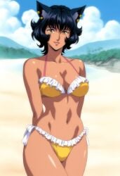 1980s_(style) 1girls ai_generated beach_background bikini black_hair catgirl faunus female female_focus female_only kali_belladonna mature_female milf novelai rwby solo_focus