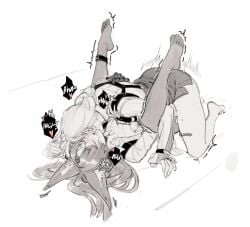 1futa 1girls animal_ear_fluff animal_ears blush closed_eyes clothed clothed_sex clothing cowgirl_position english_text female fox_ears futa_on_female futa_with_female futanari high-waist_skirt hoshimi_miyabi legs_up long_hair long_sleeves lying maiqo missionary_position mostly_clothed multiple_girls no_shoes on_back pantyhose sex shirt shirt_tucked_in skirt speech_bubble tsukishiro_yanagi white_background zenless_zone_zero