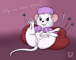 1girls anthro anus ass bottomless clothed clothing dialogue disney female fur hat hi_res kettukarkki leaning leaning_back lying mammal miss_bianca mouse on_back pawpads paws presenting pussy rodent simple_background solo text the_rescuers white_fur