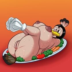 2016 anthro anus avian beak beauty_mark big_breasts bird black_hair breasts cannibalism carrot corn female food food_play fruit gynophagia hair holidays huge_breasts implied_cannibalism la_pavita_pechugona lonbluewolf meat mole nipples nude pavita_pechugona plate pussy solo thanksgiving tomato turkey vegetable