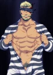 balls balor_(tokyo_afterschool_summoners) bara beard bulge facial_hair flaccid goshingo1 male male_only muscles muscular open_clothes penis solo solo_male tokyo_afterschool_summoners