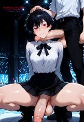 2boys ai_generated balls black_hair boots crossdressing earrings faceless_male femboy gay gay_domination hand_on_head ilfb legs legs_apart legs_spread looking_away looking_down more_at_source original otoko_no_ko red_eyes self_upload short_hair skirt skirt_up small_breasts standing testicles trap yaoi