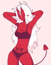 mole mole_under_eye mole_under_mouth oc original_character red_skin succubus succubus_horns succubus_tail succubus_tattoo the_pink_succubus underwear underwear_only vinny_bonnet white_hair