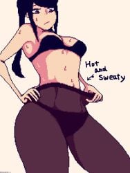 bikini black_bikini black_hair english_text hand_on_pelvis julianne_stingray leggings looking_at_self low-angle_view lzmdru4_1_(artist) panties pixelated red_eyes see-through see-through_clothing shadow small_breasts sweat sweaty thick_thighs waist