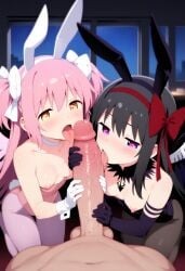 1boy 2girls ai_generated akuma_homura black_hair collaborative_fellatio heart licking_penis penis penis_lick pink_hair playboy_bunny puella_magi_madoka_magica symbol-shaped_pupils ultimate_madoka