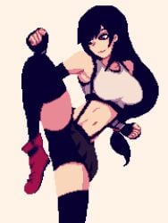 4-1_(lzmdru4_1) bikini black_hair final_fantasy gloves muscular overalls pixelated shaded shadow shoes shorts smirk sports_bra thick_thighs thighhighs thighs tifa_lockhart training white_sports_bra