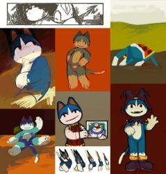 abstract_art animal_crossing anthro blue_body blue_fur boots clothed clothing collared_shirt countershading digital_media_(artwork) dress_shirt fool's_hat footwear front_view fur fur_markings genitals gloves_(marking) grass hand_on_face hands_on_hips hat headgear headwear hi_res hiding hiding_face holding_art holding_object humanoid_genitalia humanoid_penis jester_outfit landscape leg_markings looking_ahead looking_aside looking_at_viewer lying male markings mud multiple_images neck_ruffle nintendo nude obese on_back outside overweight partially_submerged pattern_clothing pattern_topwear pattern_vest pawpads paws penis pillow pink_pawpads plant pose qs75834_(artist) red_eyes rover_(animal_crossing) shirt shoes smile smiling_at_viewer socks_(marking) spread_legs spreading sweater sweater_vest tail topwear vest wave white_body white_clothing white_fur white_shirt white_topwear