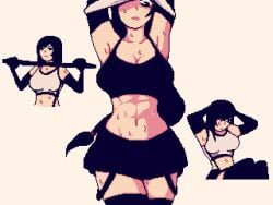 4-1_(lzmdru4_1) angry_face black_bikini black_hair black_skirt hands_on_head muscular pixelated pull_ups shaded shadow situps skirt sports_bra sweat sweating thick_thighs thighhighs thighs tifa_lockhart training undressing waist white_bikini