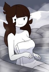 ai_generated black_eyes brown_eyes hot_tub jaiden jaiden_animations jaiden_dittfach smile smug spa steam towel towel_only