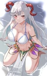 1girls cleavage fire_emblem fire_emblem_heroes freyja_(fire_emblem) freyja_(summer)_(fire_emblem) goat_horns grey_hair horns large_breasts nintendo outdoors red_eyes tarutaru193 thick_thighs thighs wide_hips