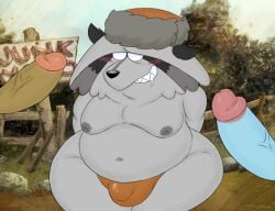 2020 anthro belly blush bulge clothing erection filthyopossum genitals harvey_beaks harvey_beaks_(series) hat headgear headwear hi_res male male_only mammal moobs nipples overweight overweight_male penis procyonid raccoon randl solo_focus underwear