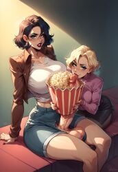 1female 1futa 2girls ai_generated big_breasts big_penis blonde_hair brown_hair clothing erection female food_penetration futanari highres huge_breasts huge_cock kissing_penis kissing_tip looking_at_viewer makeup popcorn self_upload short_hair sitting supermanson veiny_penis