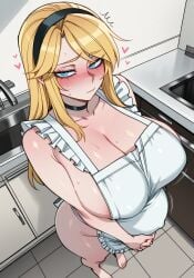 11_22 ai_generated barefoot black_choker blonde_hair blue_eyes blush choker cleavage embarrassed frilled_apron from_above half-closed_eyes hand_on_stomach headband heart heavy_breathing holding_belly holding_stomach huge_breasts kitchen large_breasts league_of_legends league_of_legends:_wild_rift looking_at_viewer luxanna_crownguard motion_lines naked_apron pale_skin pregnant riot_games thick_thighs white_apron wide_hips