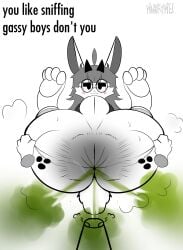 absurd_res anthro anus ass balls big_anus big_butt bodily_fluids boy_kisser_(meme) clothed clothing digital_media_(artwork) english_text fart fart_cloud fart_fetish farting_at_viewer fur genitals hair hi_res huge_anus huge_butt hyper hyper_anus looking_at_viewer male mei_(muskymei) meme monochrome musk muskymei simple_background solo solo_focus sweat sweaty_butt tail text