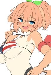 american_flag_bikini an_chobi94 anthro anthro_only bikini blue_eyes blush breast_focus breasts furry furry_only hair_ornament hand_on_hip large_breasts looking_at_viewer open_mouth peach_hair tan_fur waist