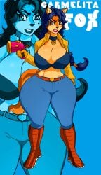 1female 1girls 2014 5ifty anthro anthro_only beauty_mark big_breasts blue_body blue_bra breasts_bigger_than_head carmelita_fox choker cop curvaceous curves curvy curvy_body curvy_figure curvy_hips female_focus female_only fox_ears fox_humanoid fox_tail foxgirl hourglass_figure huge_breasts interpol jay-marvel jeans name_in_background old_art orange_boots orange_fur pink_lipstick police police_badge police_officer police_uniform policewoman sharp_eyebrows shock_pistol sly_cooper_(series) solo solo_female solo_focus standing sucker_punch_productions thick_legs thick_thighs thighs_bigger_than_head thighs_bigger_than_torso toned_female toned_stomach unbuttoned_shirt voluptuous voluptuous_female wasp_waist weapon wide_hips