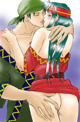 aozora_kyuuji arm_around_shoulder ass ass_grab bandana belt blush closed_eyes female fire_emblem fire_emblem:_the_binding_blade green_eyes green_hair hand_on_another's_shoulder hand_on_ass hand_on_shoulder headband kissing male no_bra no_panties robe robe_drop robe_lift sin_(fire_emblem) standing straight sue_(fire_emblem) tongue_out