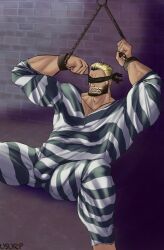 balls balor_(tokyo_afterschool_summoners) bara beard blindfold bulge chains clothing facial_hair flaccid male male_only muscles muscular penis solo solo_male striped_clothing tokyo_afterschool_summoners ungracioususurp