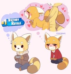 absurd_res aggretsuko ailurid anthro blush bodily_fluids duo fantasizing female from_behind_position heart_symbol hi_res male male/female mammal porldraws red_panda resasuke retsuko sanrio sex simple_background sweat thought_bubble victory_royale