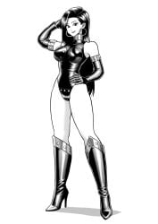 1female 1girls adult adult_female asian asian_female asian_girl black_and_white black_boots boot_fetish boots breasts breasts clothes dominant dominant_female dominatrix elbow_gloves enkaboots female female_focus female_only femdom gloves high_heel_boots high_heels hoop_earrings knee_boots kneehigh_boots leather leather_boots leather_clothing leather_gloves leotard long_legs looking_at_viewer original original_character original_characters tall_boots teasing
