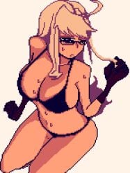 alma_armas bikini black_bikini black_clothing black_panties blonde_hair breasts glasses gloves grabbing_hair large_breasts looking_at_viewer lzmdru4_1_(artist) one_eye_closed pantyhose pixelated shadow sitting sweat sweating tan_body thick_thighs thighs