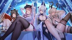 4girls azur_lane big_breasts black_legwear breasts cleavage game gyaru horns nachi_(azur_lane) official_art owari_(azur_lane) stockings unzen_(azur_lane) white_hair wink zuihou_(azur_lane)