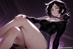 ai_generated ashley_graves balecxi bare_legs bare_thighs black_hair breasts choker crossed_legs goth goth_girl legs pale-skinned_female pale_skin the_coffin_of_andy_and_leyley thighs