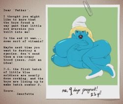 anus big_breasts blonde_hair blue_skin breasts drawthread_request follow_up handwritten_text huge_breasts hyper_pregnancy letter pregnant pregnant_female pussy redlever smurfette solo solo_female text text_box the_smurfs white_hat