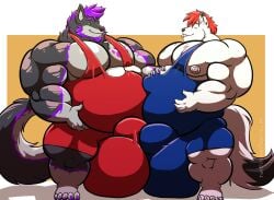 2021 5_fingers 5_toes akita77 anthro areola balls balls_outline balls_touching bear beard belly belly_to_belly big_balls big_belly black_body black_fur black_nose black_tail black_tail_tip blue_wrestling_singlet bulge canid canine canis chest_tuft chrome_(chromeshine350) claws closed_eyes clothed clothed_anthro clothed_male clothing cody_(adamakacody) colored detailed_bulge digital_drawing_(artwork) digital_media_(artwork) dipstick_tail duo english_description eyebrows facial_hair feet finger_claws fingers fluffy fluffy_tail footprint fur genital_outline genitals green_eyes grey_body grey_ear_piercing grey_fur grey_inner_ear hair hand_on_belly hi_res holding_belly holding_own_belly huge_balls hybrid light lighting looking_at_another looking_at_belly male male/male male_anthro mammal markings musclegut muscular muscular_anthro muscular_male muscular_thighs neck_tuft nipples obese obese_anthro obese_male overweight overweight_anthro overweight_male pawprint pawprint_(marking) pecs pink_areola pink_nipples pink_tongue polar_bear purple_beard purple_claws purple_eyebrows purple_facial_hair purple_hair purple_markings rectangle red_eyebrows red_hair red_wrestling_singlet shaded sharp_teeth short_hair simple_background simple_shading standing tail tail_markings teeth toes tongue tongue_out toothy_grin tuft two_tone_tail ursine white_hair wolf wrestling_singlet