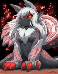 1girls anthro furry grey_body horns kemono looking_at_viewer monster_hunter nude nude_female red_eyes rilex_lenov stygian_zinogre tagme tail white_fur white_hair zinogre