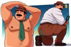 1boy armpit_hair arms_up ass back_pockets baramantik beady_eyes belly belly_button belt big_ass big_butt black_hair bluesky_username brown_boots brown_pants detective_conan dress_pants green_tie hairy_arms hairy_chest hairy_male hands_on_head hat holding_object kneeling looking_back magnifying_glass male male_focus male_only married_man megure_juuzou moustache navel nipples no_sex no_shirt nude nude_male on_one_knee pecs policeman posing ripped_pants shirtless shounen_sunday solo solo_focus solo_male thick_arms tie_only tms_entertainment twitter_handle twitter_username underwear white_shirt white_text