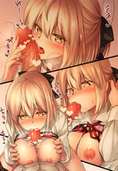 abs blush breast_press breasts censored cleavage cum drifters fate_(series) fellatio female hair_ribbon heart heart-shaped_pupils highres koha-ace looking_at_viewer male mia_(gute-nacht-07) nipples oral ribbon sakura_saber school_uniform sex short_hair symbol-shaped_pupils text translation_request underwear white_hair yellow_eyes