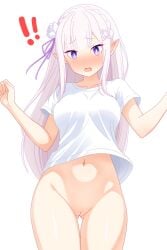 absurdres arms_up ass_visible_through_thighs blush bottomless braid breasts cleft_of_venus collarbone commentary_request cowboy_shot dullahan_(alekey_art) elf emilia_(re:zero) female floating_hair flower hair_flower hair_ornament hair_ribbon highres hip_bones large_breasts long_hair navel open_mouth pointy_ears purple_eyes pussy re:zero_kara_hajimeru_isekai_seikatsu ribbon rose shirt short_sleeves sidelocks simple_background solo surprised thick_thighs thighs upper_body white_background white_flower white_hair white_rose white_shirt