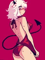 4-1_(lzmdru4_1) blush bowtie demon demon_girl demon_tail dress embarrassed heart-shaped_pupils helltaker horns looking_at_viewer modeus_(helltaker) panties pixelated pulling_down_dress red_background red_dress red_eyes red_panties shaded shadow sweat sweating tail thighs white_hair