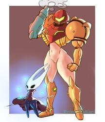 arm_cannon armor arthropod clothing crossover dark_body dark_skin duo eastern_and_western_character female footwear genitals headgear helmet hi_res hollow_knight horn hornet_(hollow_knight) human humanoid light_body light_skin mammal metroid nintendo not_furry princesskari pubes pussy samus_aran signature simple_background smoke team_cherry