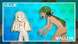 2_girls beach blonde_female blonde_hair dark-skinned_female dark_skin elcolegadp flat_chest green_eyes green_hair lillie_(pokemon) mallow_(pokemon) nude_edit nude_female nude_filter official_art official_artwork_edit official_style pale-skinned_female pale_skin pink_nipples playful playing pokemon_sm pokemon_usm pubic_hair screenshot screenshot_edit shaved_pussy slim_girl small_breasts smiling tagme_(artist) third-party_edit