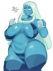 1girls big_breasts blue_body blue_diamond_(steven_universe) blue_eyes blue_skin breasts cleavage english english_text female_only hair half-closed_eyes hips huge_breasts koco_gi long_hair mature mature_female mature_woman milk_bottle parted_lips solo solo_female steven_universe text thick_thighs thighs white_hair wide_hips