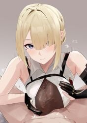 1boy asymmetrical_gloves blonde_hair blush breasts breasts_squeezed_together closed_mouth clothed_female_nude_male dated evelyn_chevalier female gloves hair_over_one_eye large_breasts looking_at_viewer mismatched_gloves mole mole_under_eye nude oza_osuwari paizuri paizuri_under_clothes pov pov_crotch straight textless_version zenless_zone_zero