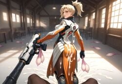 action_pose ai ai_generated anime_style black_gloves blonde_hair combat_boots condom condom_wrapper debris detailed_background dynamic_lighting female female futuristic gun high_resolution indoors mercy muscular orange_jumpsuit overwatch ponytail sci-fi sexy solo sunlight tracer widowmaker