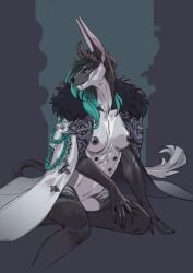 abstract_background anthro areolae biped breasts cape clothed clothing digital_media_(artwork) fangs female fur guide_lines hi_res horn jackora looking_at_viewer lyra_(runapup) multi_nipple nipples shaded sitting skitalets smile solo teeth